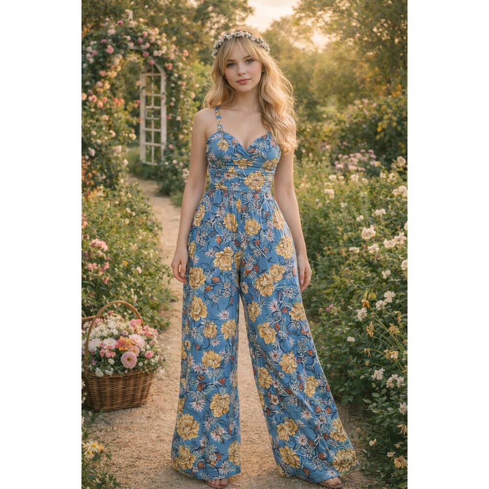 Blue Floral Wide Leg Jumpsuit S Boho Cottagecore